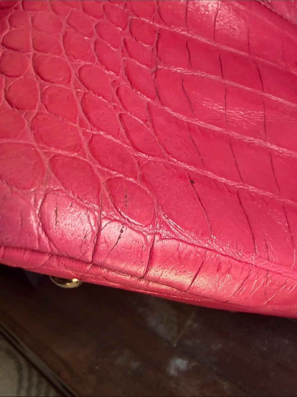 MCM Pink Croc-Embossed Top Handle Satchel with Gold Hardware